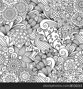 Floral black and white linear decorative pattern with leaves and swirls. Vector illustration. Floral black and white decorative pattern