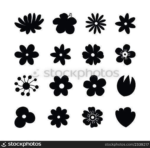 Floral blossom silhouette set. Hand drawn with leaves and flowers on white background.