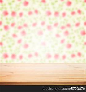 Floral blured background with wooden table for your design. Vector illustration.