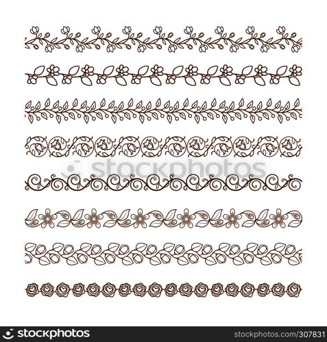 Floral border pattern vector hand drawn brushes on white. Floral border brushes