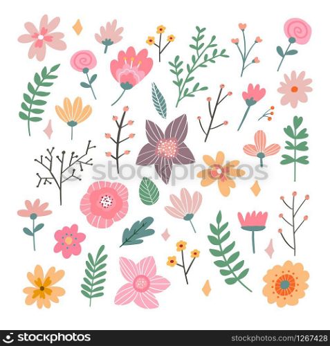Floral bouquet of hand drawn fantasy folk flowers. Botanical illustration in flat cartoon style. Great as banner, print and card.. Floral bouquet of hand drawn fantasy folk flowers. Botanical illustration in flat cartoon style. Great as banner, print and card. Vector
