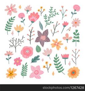 Floral bouquet of hand drawn fantasy folk flowers. Botanical illustration in flat cartoon style. Great as banner, print and card.. Floral bouquet of hand drawn fantasy folk flowers. Botanical illustration in flat cartoon style. Great as banner, print and card. Vector