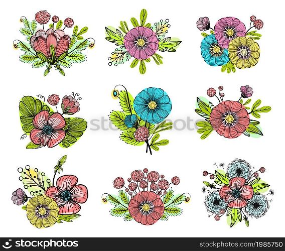 Floral bouquets. Flowers compositions. Botany decorations. Blossom plants arrangement. Hand-drawn leaves, petals and twigs. Poppy and dandelion blooming bunch. Vector botanical sketch elements set. Floral bouquets. Flowers compositions. Botany decorations. Blossom plants arrangement. Hand-drawn leaves and petals. Poppy and dandelion blooming bunch. Vector botanical elements set