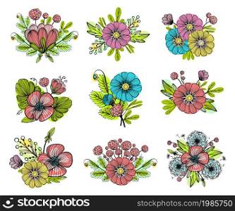 Floral bouquets. Flowers compositions. Botany decorations. Blossom plants arrangement. Hand-drawn leaves, petals and twigs. Poppy and dandelion blooming bunch. Vector botanical sketch elements set. Floral bouquets. Flowers compositions. Botany decorations. Blossom plants arrangement. Hand-drawn leaves and petals. Poppy and dandelion blooming bunch. Vector botanical elements set