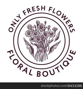 Floral boutique with fresh bouquets and flowers in blossom, blooming flora and arrangement. Leaves and tender petals. Emblem or logotype, logo for product or package design. Vector in flat style. Only fresh flowers, floral boutique with blossom