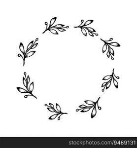 Floral branch hand drawn circle wreath, vector illustration frame for card or invitations, isolate on white background. Floral branch hand drawn circle wreath, vector illustration frame for card or invitations isolate on white background