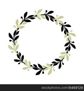 Floral branch hand drawn silhouette circle wreath, vector illustration frame for card or invitations, isolate on white background. Floral branch hand drawn circle wreath, vector illustration frame for card or invitations isolate on white background