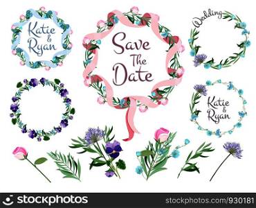 Floral branches frames. Flowering wreath ribbons hearts cute vector set for design greeting invitation cards. Floral frame for invitation, wreath with ribbon illustration. Floral branches frames. Flowering wreath ribbons hearts cute vector set for design greeting invitation cards