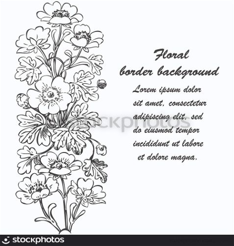 Floral bush retro black on white background vector, hand drawn decorative flower vintage outline, closeup branch with flowers and buds print design