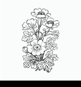 Floral bush retro black on white background vector, hand drawn decorative flower vintage outline, closeup branch with flowers and buds print design