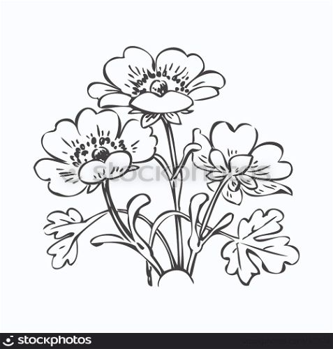 Floral bush retro black on white background vector, hand drawn decorative flower vintage outline, closeup branch with flowers print design