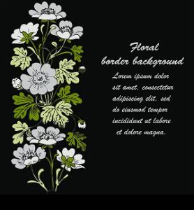 Floral bush retro on black background vector, hand drawn decorative flower vintage contour, closeup branch with flowers and buds print design