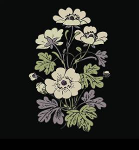 Floral bush retro on black background vector, hand drawn decorative flower vintage contour, closeup branch with flowers and buds print design