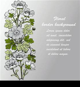 Floral bush retro on white background vector, hand drawn decorative flower vintage contour, closeup branch with flowers and buds print design