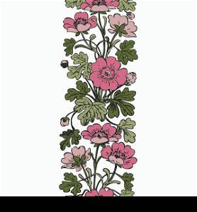 Floral bush retro on white background vector, hand drawn decorative flower vintage contour, closeup branch with flowers and buds print design
