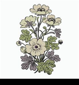 Floral bush retro on white background vector, hand drawn decorative flower vintage contour, closeup branch with flowers print design