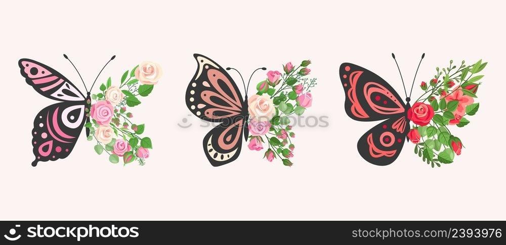 Floral butterflies. Black contour butterfly, flowers wings. Roses and leaves, garden plants. Recovery and freedom concept, t-shirt spring summer prints vector set. Illustration of floral butterfly. Floral butterflies. Black contour butterfly, flowers wings. Roses and leaves, garden plants. Recovery and freedom concept, t-shirt spring summer prints vector set