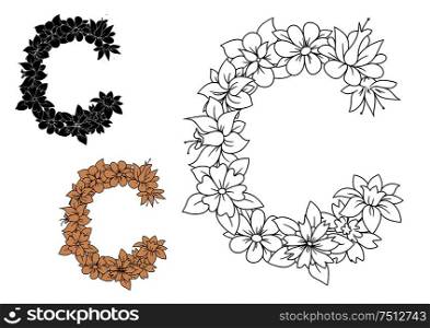 Floral capital letter C with vintage flowers and buds in outline style, with black and beige color variations. Capital letter C with vintage flowers