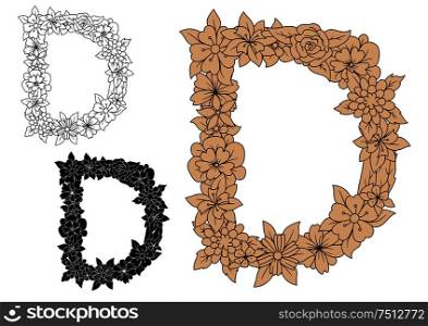 Floral capital letter D with flourishes and leaves, in outline, black and beige variations. Capital letter D with floral elements
