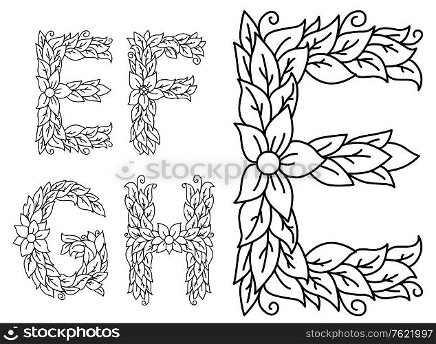 Floral capital letters E, F, G and H for design