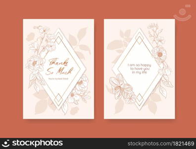 Floral card template with spring line art concept design watercolor illustration