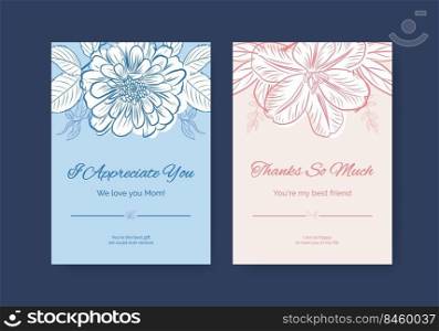 Floral card template with spring line art concept design watercolor illustration