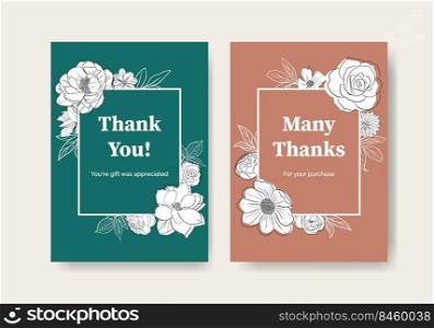 Floral card template with spring line art concept design watercolor illustration