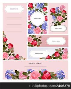 Floral cards templates. Rose postcards, invitation and banners. Flowers vector flyers. Illustration invitation card and banner with colored flower for greeting wedding. Floral cards templates. Rose postcards, invitation and banners. Flowers vector flyers