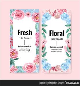 Floral charming flyer design with anemone, hydrangea watercolor illustration.