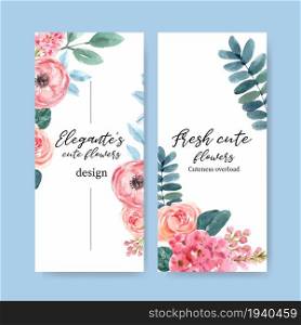 Floral charming flyer design with anemone, peony, rose watercolor illustration.