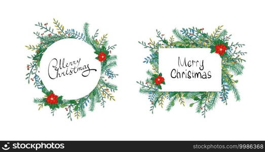 Floral Christmas Wreath. Hand drawn vector Christmas card with poinsettia elements, fir branches and cones. Merry Christmas greeting on circle and rectangle copy space shapes. 