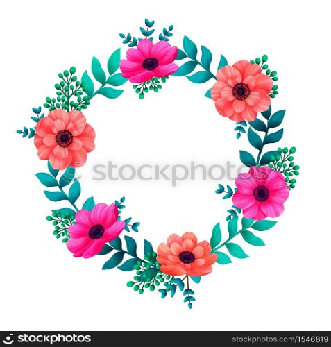 Floral circle frame. Tropical flowers trendy template. Summer Design with beautiful flowers and leaves with copy space on white background. Invitations, wedding or greeting cards. Vector illustration.. Floral circle frame. Tropical flowers trendy template. Summer Design with beautiful flowers and leaves with copy space on white background. Invitations, wedding or greeting cards.