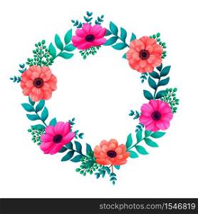 Floral circle frame. Tropical flowers trendy template. Summer Design with beautiful flowers and leaves with copy space on white background. Invitations, wedding or greeting cards. Vector illustration.. Floral circle frame. Tropical flowers trendy template. Summer Design with beautiful flowers and leaves with copy space on white background. Invitations, wedding or greeting cards.