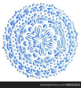 Floral circle ornament, blue and white floral pattern, mandala. Design made in Russian gzhel style and colors.