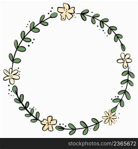 Floral circular frame hand drawn vector illustration. Circle flowers and leaves. Rim template, holiday card or invitation