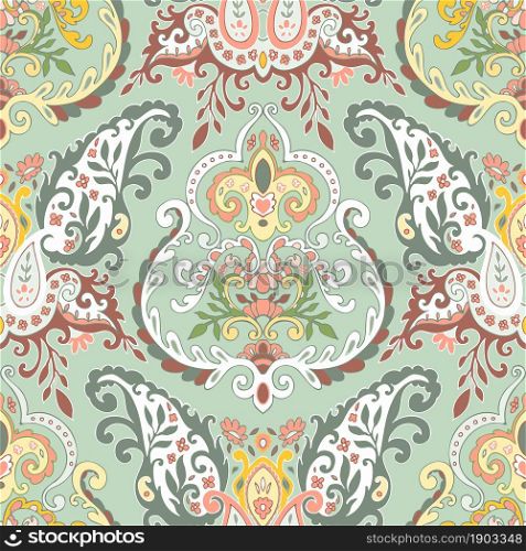Floral classic wallpaper or background, flora in blossom. Abstract blooming flowers and foliage seamless pattern. Print with tropical plants and trendy natural elements. Vector in flat style. Abstract floral seamless pattern with foliage