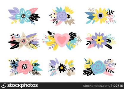 Floral colorful bouquet set. Cartoon blooming flowers, summer flowers of nature, vector illustration of wedding vintage decoration isolated on white background. Floral colorful bouquet setbackground