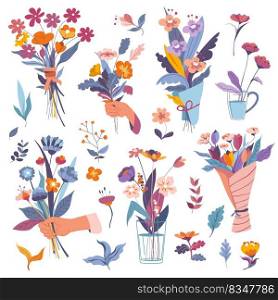 Floral composition set, floristic arrangement with leaves and foliage. Isolated set of wildflowers and blooming, spring and summer decoration. Plants in glass cup or vase. Vector in flat style. Bouquets flora and florist compositions in vase