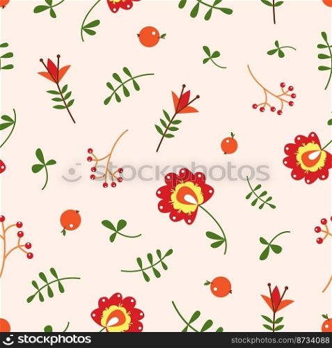 Floral contemporary decorative seamless pattern. Flowers and branches, autumn leaves and berry. Fall orange red nature elements, vector background. Illustration of floral seamless pattern design. Floral contemporary decorative seamless pattern. Flowers and branches, autumn leaves and berry. Fall orange red nature elements, vector background