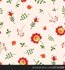 Floral contemporary decorative seamless pattern. Flowers and branches, autumn leaves and berry. Fall orange red nature elements, vector background. Illustration of floral seamless pattern design. Floral contemporary decorative seamless pattern. Flowers and branches, autumn leaves and berry. Fall orange red nature elements, vector background