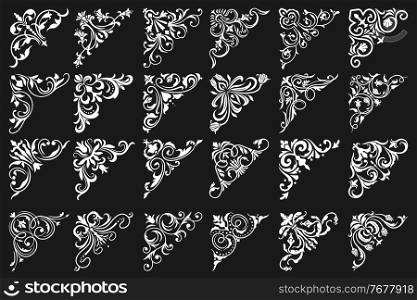 Floral corners and frame borders, vintage ornament and ornate victorian embellishments, Floral corners decoration and filigree flourish swirls, black and white floral adornments. Floral corners, ornate frames and flower borders
