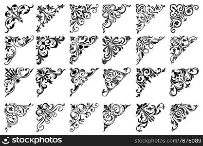 Floral corners with victorian flourishes, vector calligraphy elements design. Black corners or frame borders with flower ornaments, leaf scrolls and vine swirls, wedding invitation and certificate. Floral corners with victorian flourishes