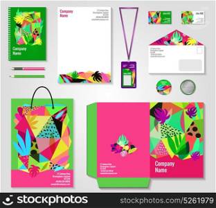 Floral Corporate Identity Templates Set. Floral corporate identity bright colorful modern templates collection with badge bag pen and documents folder vector illustration