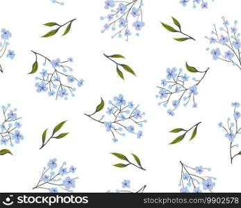Floral cute seamless pattern. Romantic hand drawn simple ornament. Motifs scattered random. Vector wallpaper with small blue flowers on white background, texture for printing, decor textile, wrapping. Floral cute seamless pattern. Romantic hand drawn simple ornament. Motifs scattered random. Vector wallpaper with blue flowers on white background, texture for printing, decor textile