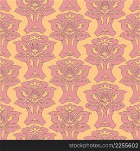 Floral Damask seamless pattern. Vintage baroque background, repeating outline pink flowers foliage. Victorian fashion decor. Antique ornament wallpaper, fabric, wrapping paper. Vector illustration