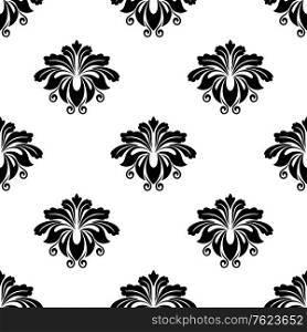 Floral damask style arabesque motifs in a repeat seamless black and white pattern suitable for textile or wallpaper