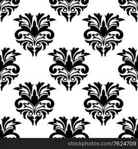 Floral damask style seamless pattern with a repeat black and white design motif in square format suitable for fabric, tiles and wallpaper. Floral damask style seamless pattern