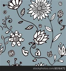 Floral decor seamless pattern. Hand-drawn flowers coloring book. Use for covers, fabrics, wallpapers, wrapping paper, cards, stationery, invitations, cards, bedding. Vector.