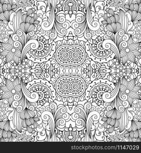 Floral decorative doodle linear pattern in black and white colors. Vector illustration. Floral decorative doodle linear pattern