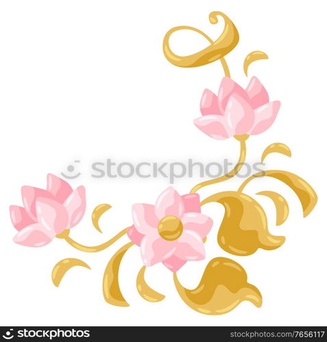 Floral decorative frame. Pink and gold pretty flowers.. Floral decorative frame.